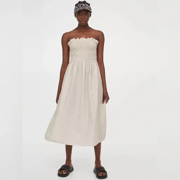 Smocked Bodice Dress Midi H&M Beige - Picture 5 of 10